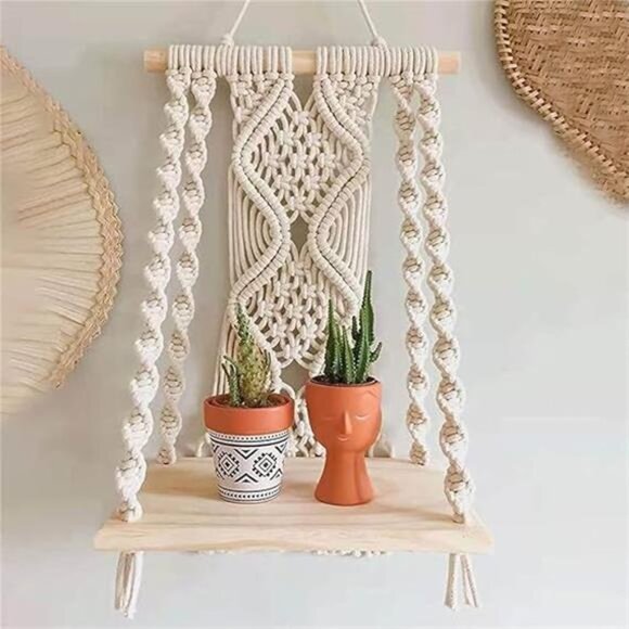 Macrame Wall Hanging Plant Decor Shelf Indoor Outdoor Floating Wood shelve - Picture 7 of 7